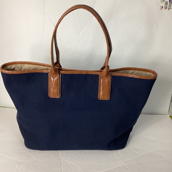 NWT MICHAEL KORS GREENWICH LARGE EAST WEST TOTE BAG NAVY CANVAS CROCO BR… - Picture 2 of 9
